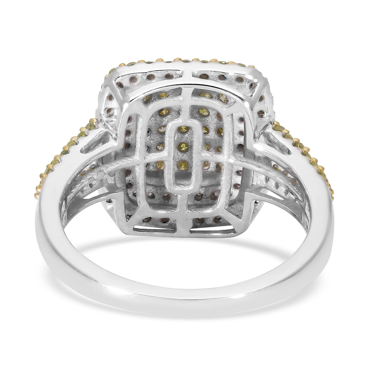 Yellow Diamond and Diamond Cluster Ring in Rhodium and Platinum Over Sterling Silver (Size 9.0) 1.00 ctw image number 4