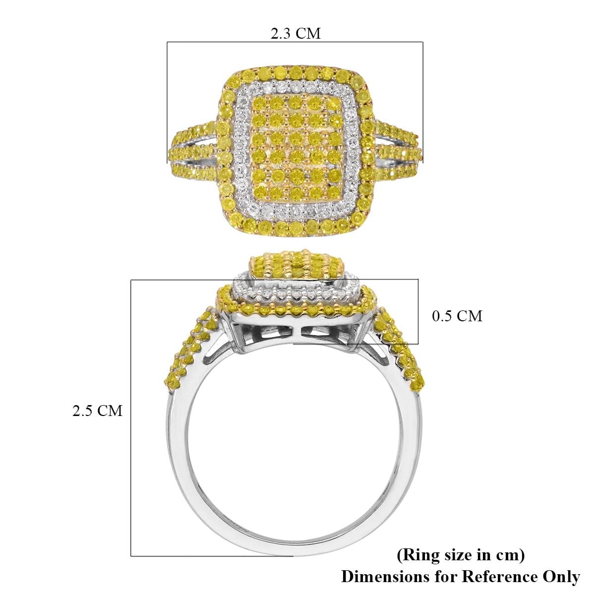 Yellow Diamond and Diamond Cluster Ring in Rhodium and Platinum Over Sterling Silver (Size 9.0) 1.00 ctw image number 5