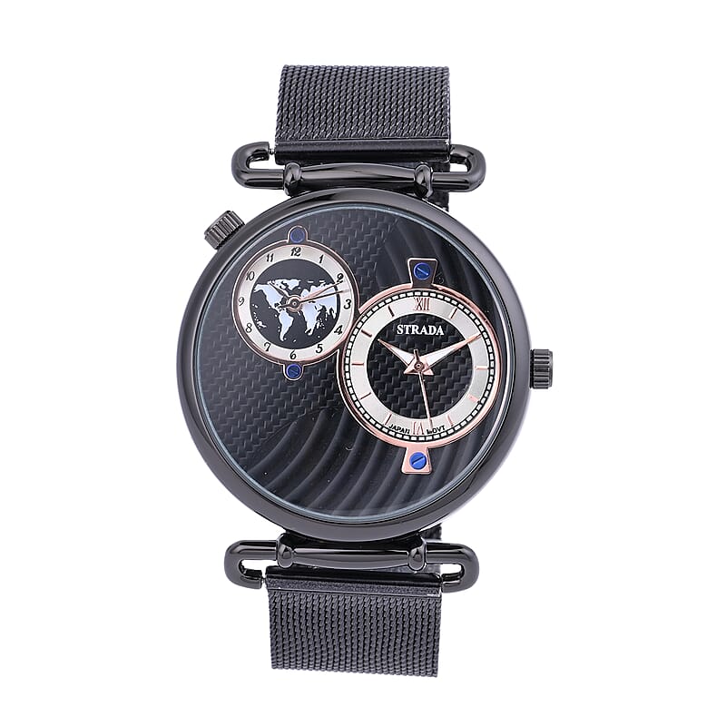 Strada Double Japanese Movement Watch with ION Plated Black Stainless Steel Mesh Strap (44mm), Dual Time Zones