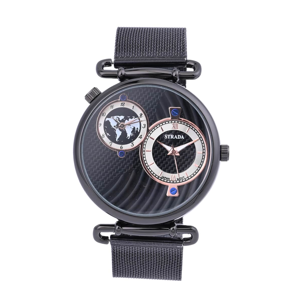 STRADA Japanese Movement Watch with ION Plated Black Stainless Steel Mesh Strap image number 0