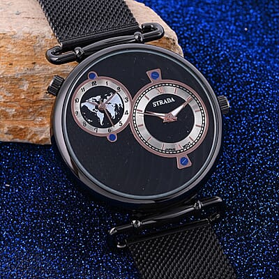 Strada Double Japanese Movement Watch with ION Plated Black Stainless Steel Mesh Strap (44mm), Dual Time Zones