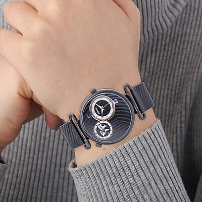 Strada Double Japanese Movement Watch with ION Plated Black Stainless Steel Mesh Strap (44mm), Dual Time Zones