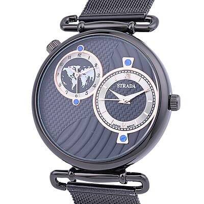 Strada Double Japanese Movement Watch with ION Plated Black Stainless Steel Mesh Strap (44mm), Dual Time Zones