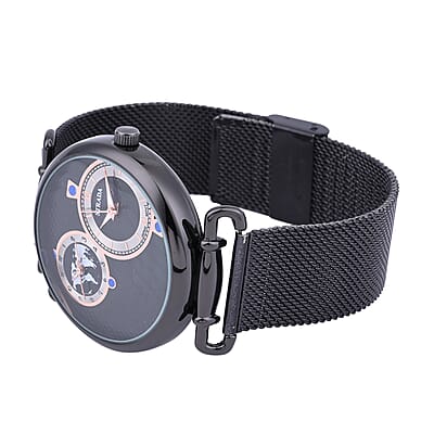Strada Double Japanese Movement Watch with ION Plated Black Stainless Steel Mesh Strap (44mm), Dual Time Zones