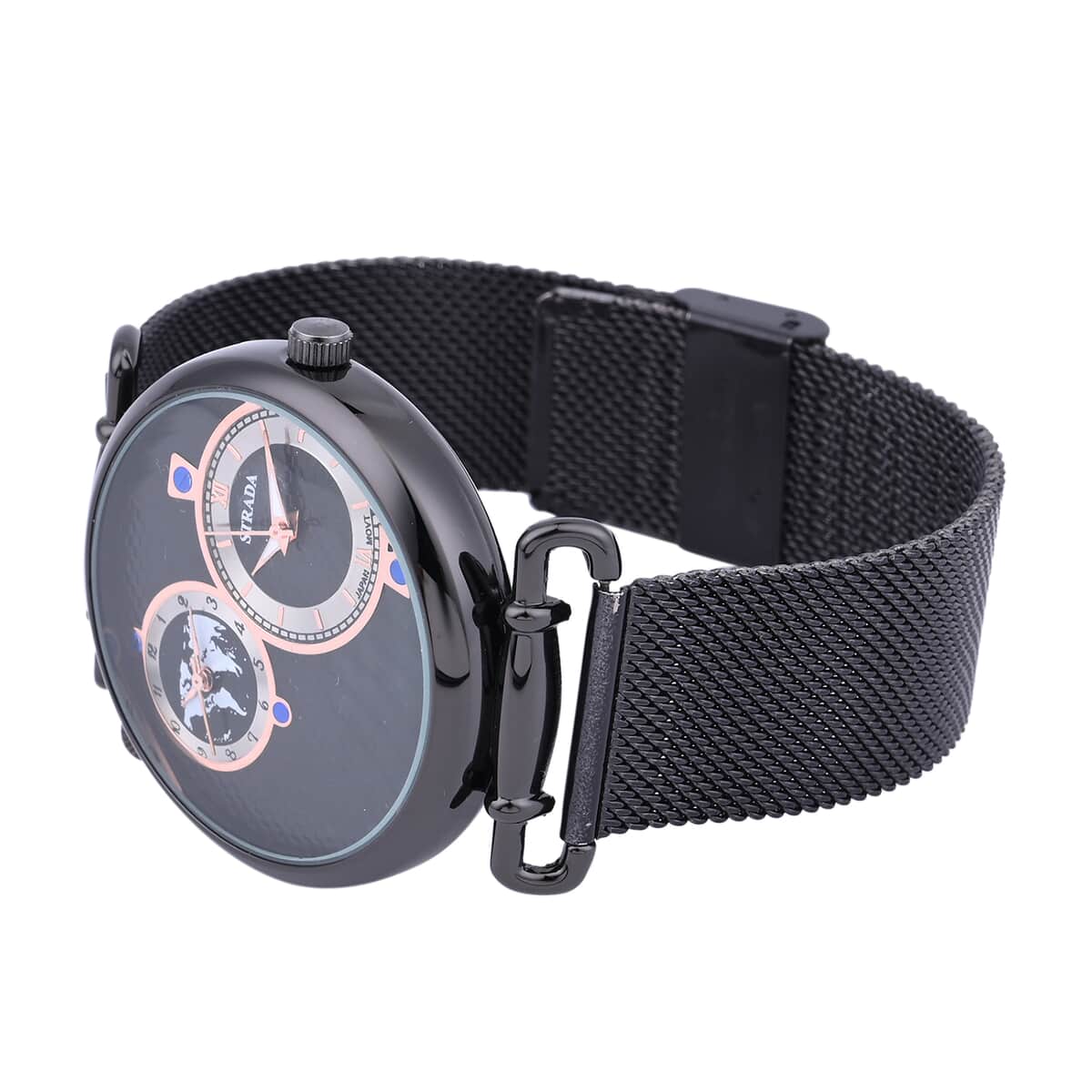 STRADA Japanese Movement Watch with ION Plated Black Stainless Steel Mesh Strap image number 4