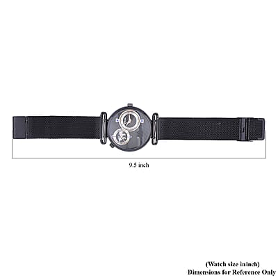 Strada Double Japanese Movement Watch with ION Plated Black Stainless Steel Mesh Strap (44mm), Dual Time Zones