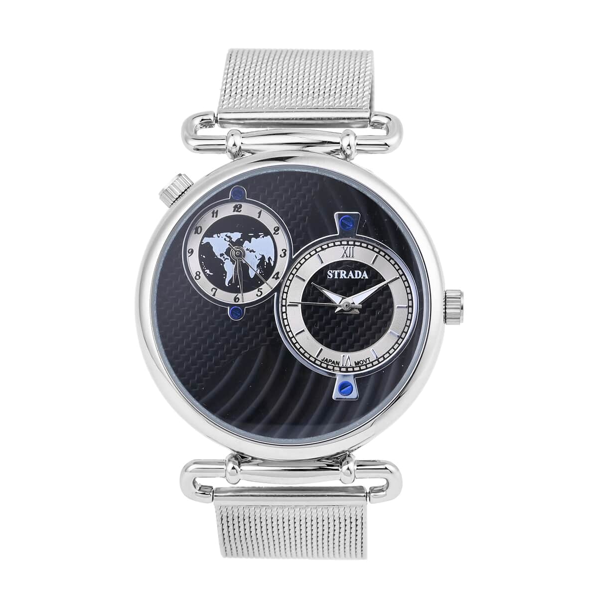 STRADA Double Japanese Movement Watch with Stainless Steel Mesh Strap (44mm), Dual Time Zones image number 0