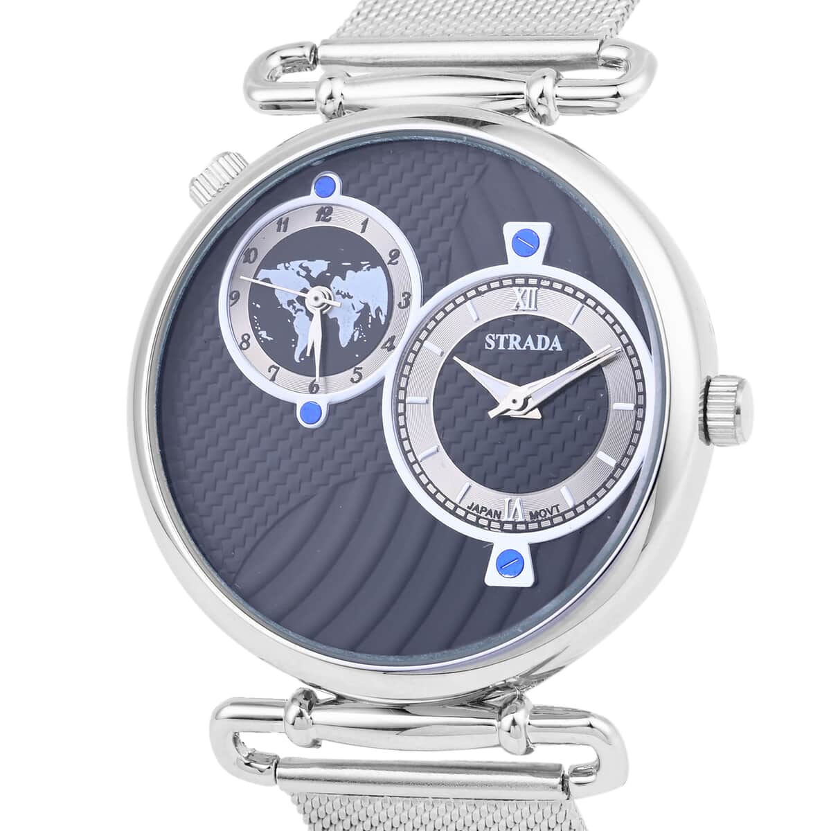 STRADA Double Japanese Movement Watch with Stainless Steel Mesh Strap (44mm), Dual Time Zones image number 3