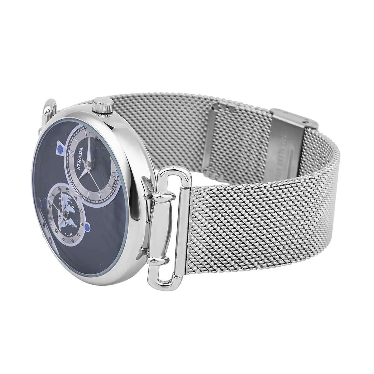 STRADA Double Japanese Movement Watch with Stainless Steel Mesh Strap (44mm), Dual Time Zones image number 4