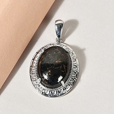 Karis Matrix Silver Shungite Solitaire Pendant in Platinum Bond 11.70 ctw