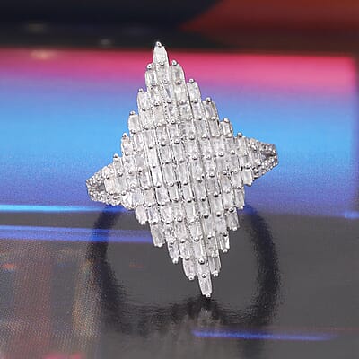 Diamond Elongated Ring in Platinum Over Sterling Silver (Size 10.0) 1.00 ctw
