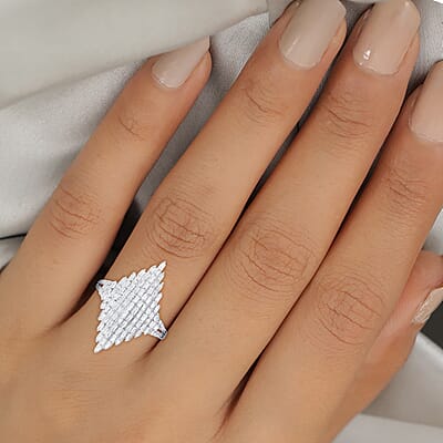 Diamond Elongated Ring in Platinum Over Sterling Silver (Size 10.0) 1.00 ctw