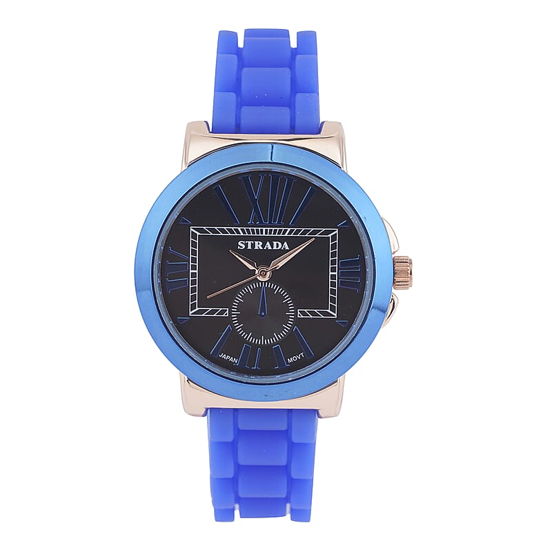 Strada Japanese Movement Watch with Black Dial and Blue Silicone Strap (38 mm)