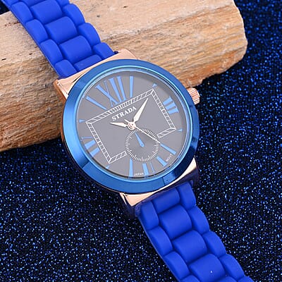 Strada Japanese Movement Watch with Black Dial and Blue Silicone Strap (38 mm)