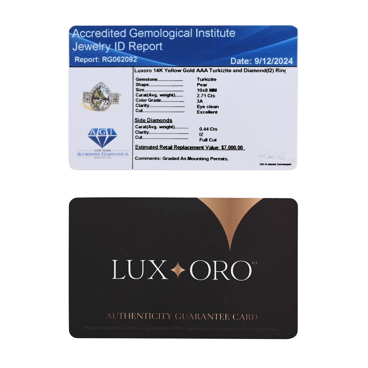 Certified & Appraised Luxoro AAA Turkizite and G-H I2 Diamond 3.15 ctw Ring in 14K Yellow Gold (Size 8.0) 5.85 Grams (Del. in 10-15 Days) image number 6