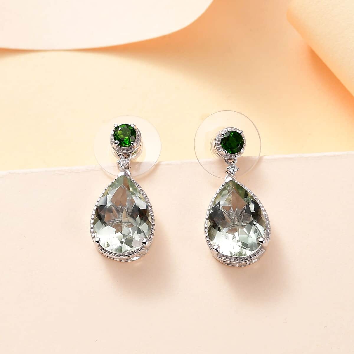 Montezuma Prasiolite and Multi Gemstone 9.90 ctw Drop Earrings in Rhodium Over Sterling Silver image number 1