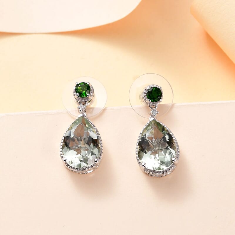 Montezuma Prasiolite and Multi Gemstone 9.90 ctw Drop Earrings in Rhodium Over Sterling Silver