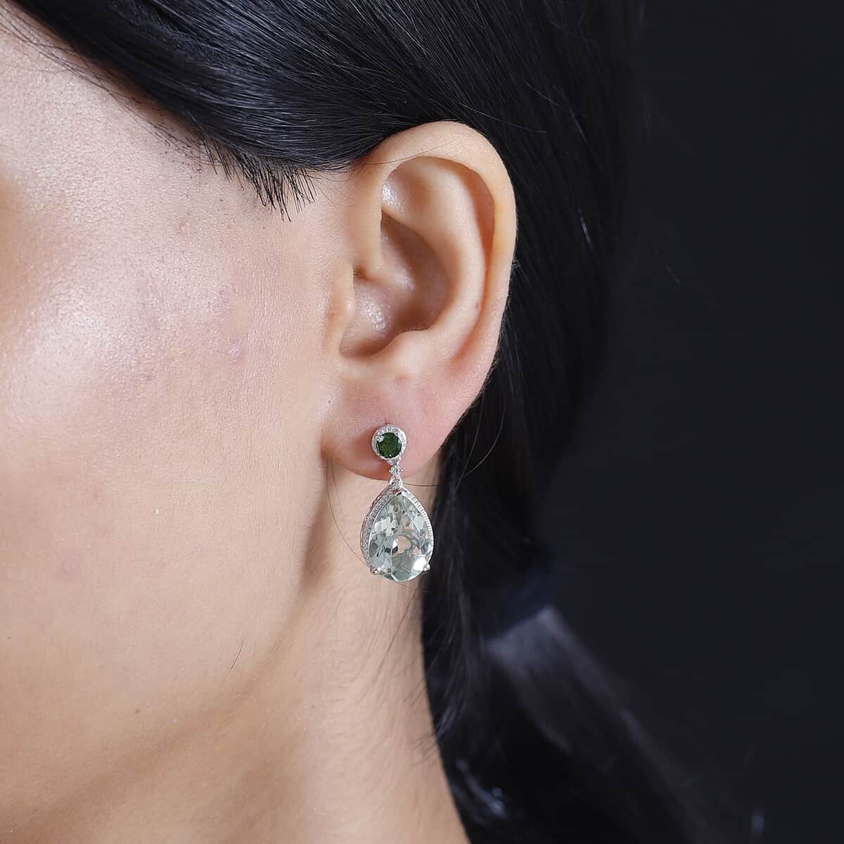 Montezuma Prasiolite and Multi Gemstone 9.90 ctw Drop Earrings in Rhodium Over Sterling Silver image number 2