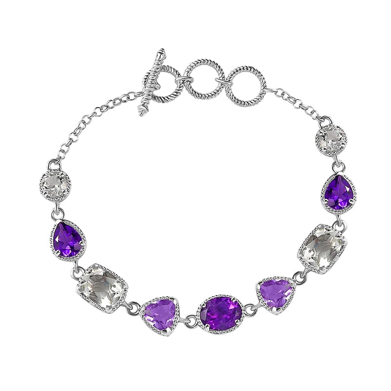 Karis Montezuma Prasiolite and Rose De France Amethyst 15.90 ctw Toggle Clasp Bracelet in Platinum Bond & Stainless Steel (6.50-8.0In)