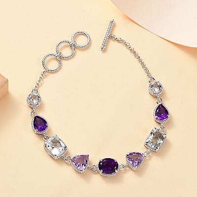 Karis Montezuma Prasiolite and Rose De France Amethyst 15.90 ctw Toggle Clasp Bracelet in Platinum Bond & Stainless Steel (6.50-8.0In)
