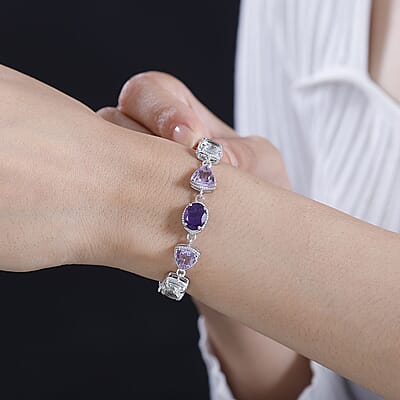 Karis Montezuma Prasiolite and Rose De France Amethyst 15.90 ctw Toggle Clasp Bracelet in Platinum Bond & Stainless Steel (6.50-8.0In)
