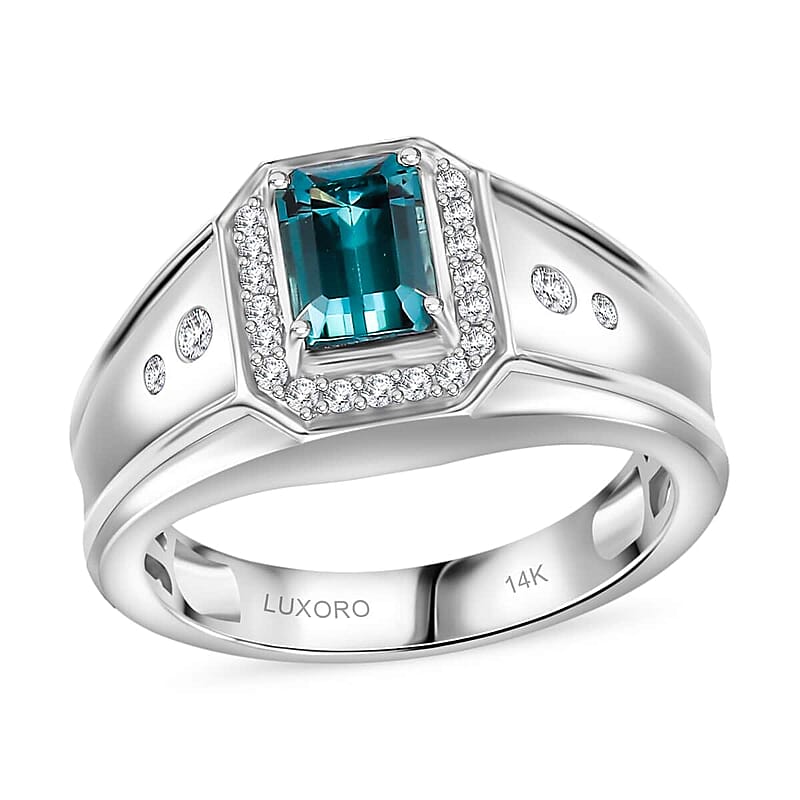 Luxoro AAA Monte Belo Indicolite and G-H I2 Diamond 1.60 ctw Men's Ring in 14K White Gold (Size  10.0) 7.75 Grams