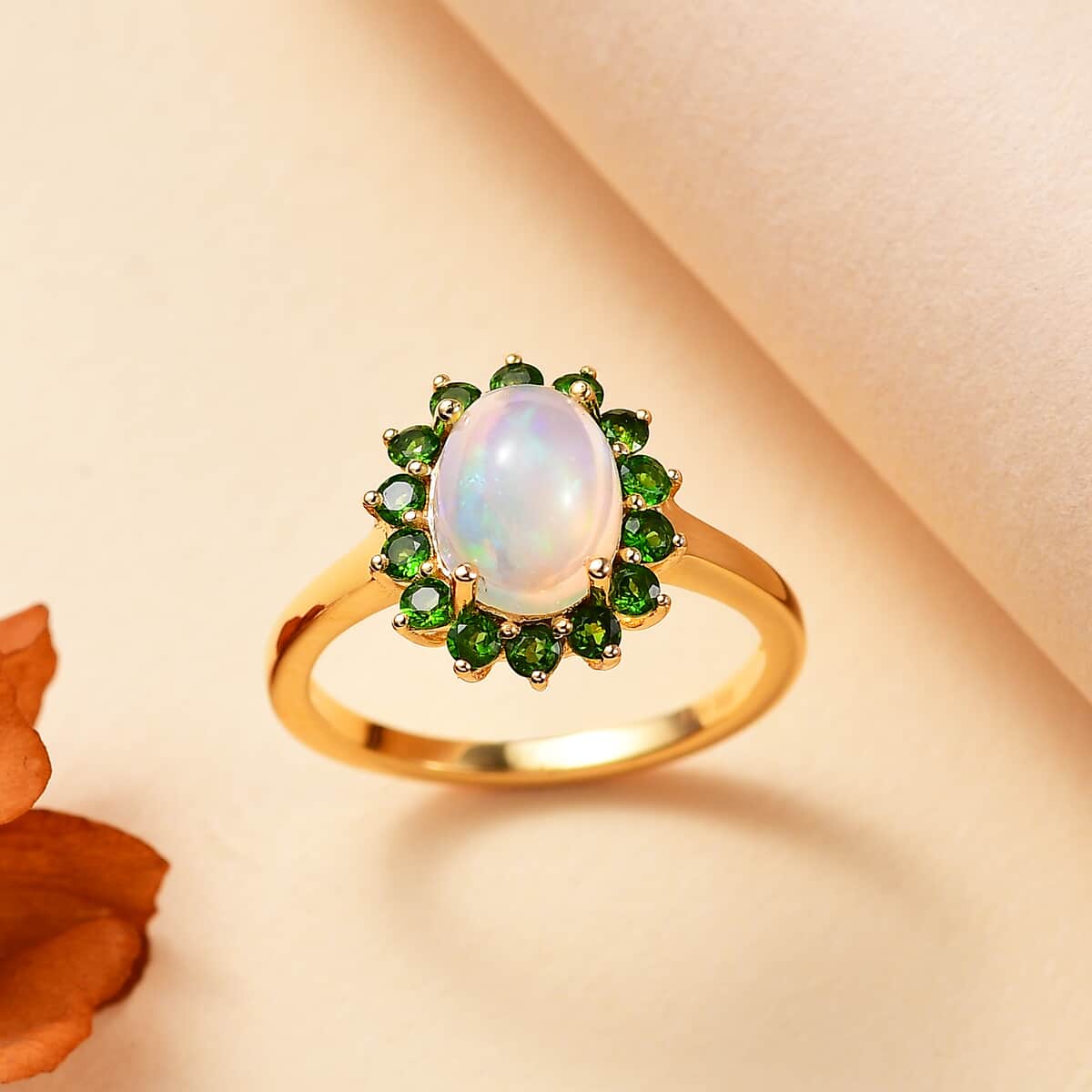 Premium Ethiopian Welo Opal and Chrome Diopside 1.65 ctw Dahlia Flower Ring in 18K Vermeil Yellow Gold Over Sterling Silver (Size 10.0) image number 1