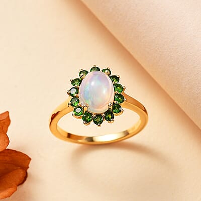 Premium Ethiopian Welo Opal and Chrome Diopside 1.65 ctw Dahlia Flower Ring in 18K Vermeil Yellow Gold Over Sterling Silver (Size 10.0)