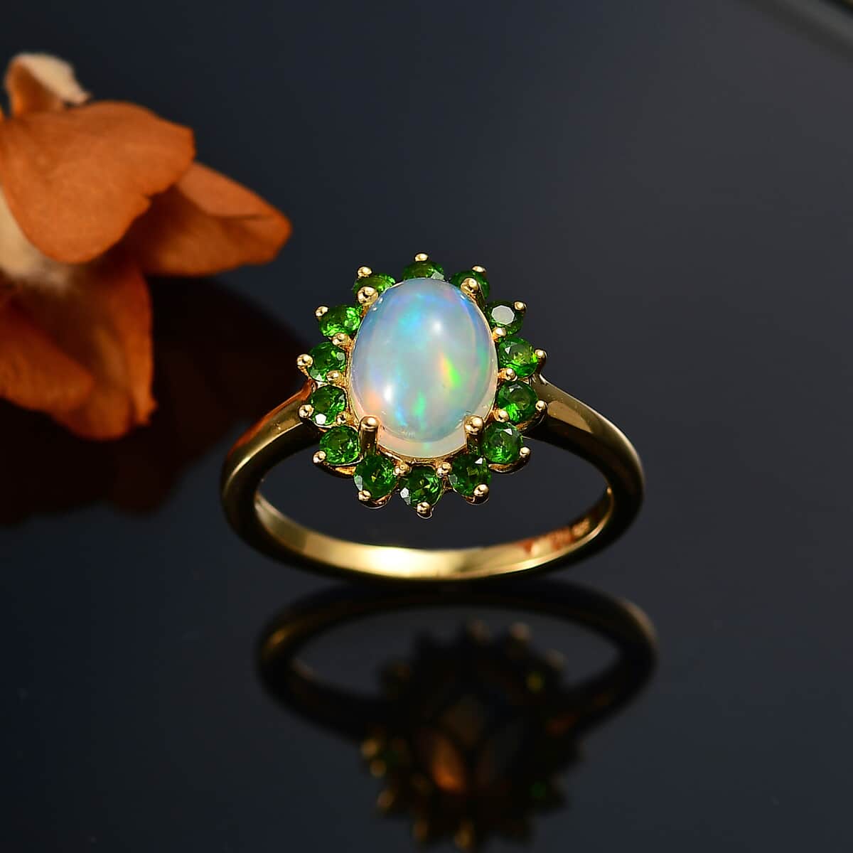 Premium Ethiopian Welo Opal and Chrome Diopside 1.65 ctw Dahlia Flower Ring in 18K Vermeil Yellow Gold Over Sterling Silver (Size 10.0) image number 2