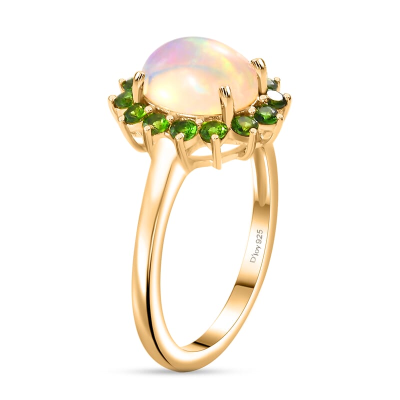 Premium Ethiopian Welo Opal and Chrome Diopside 1.65 ctw Dahlia Flower Ring in 18K Vermeil Yellow Gold Over Sterling Silver (Size 10.0)