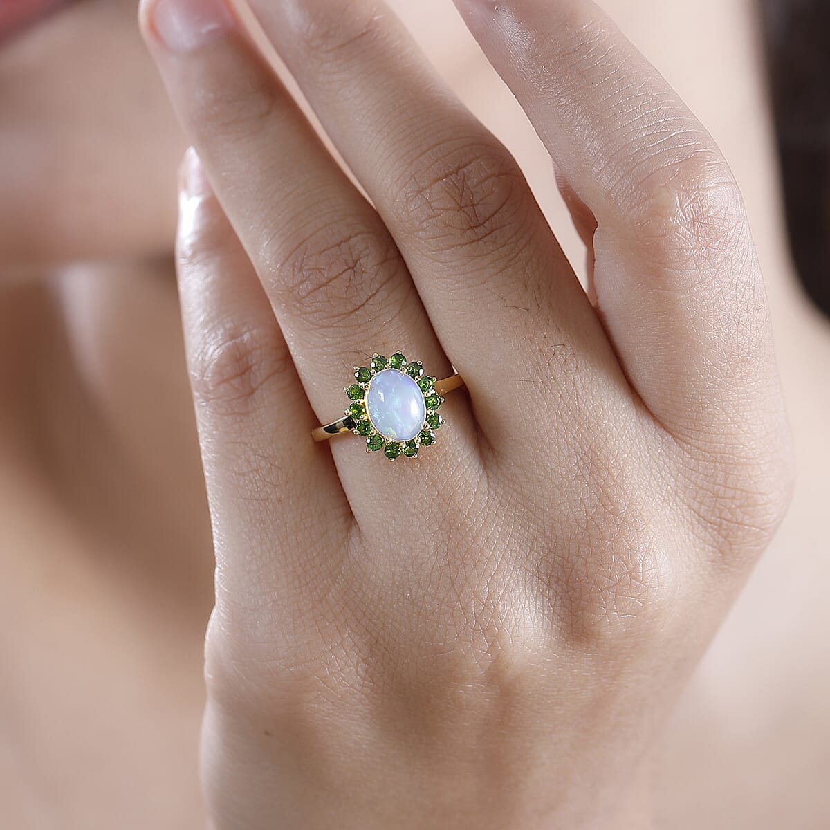 Premium Ethiopian Welo Opal and Chrome Diopside 1.65 ctw Dahlia Flower Ring in 18K Vermeil Yellow Gold Over Sterling Silver (Size 9.0) image number 3