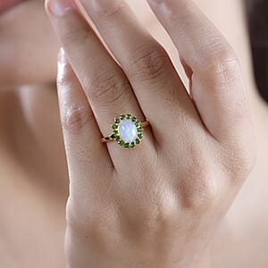 Premium Ethiopian Welo Opal and Chrome Diopside 1.65 ctw Dahlia Flower Ring in 18K Vermeil Yellow Gold Over Sterling Silver (Size 9.0)