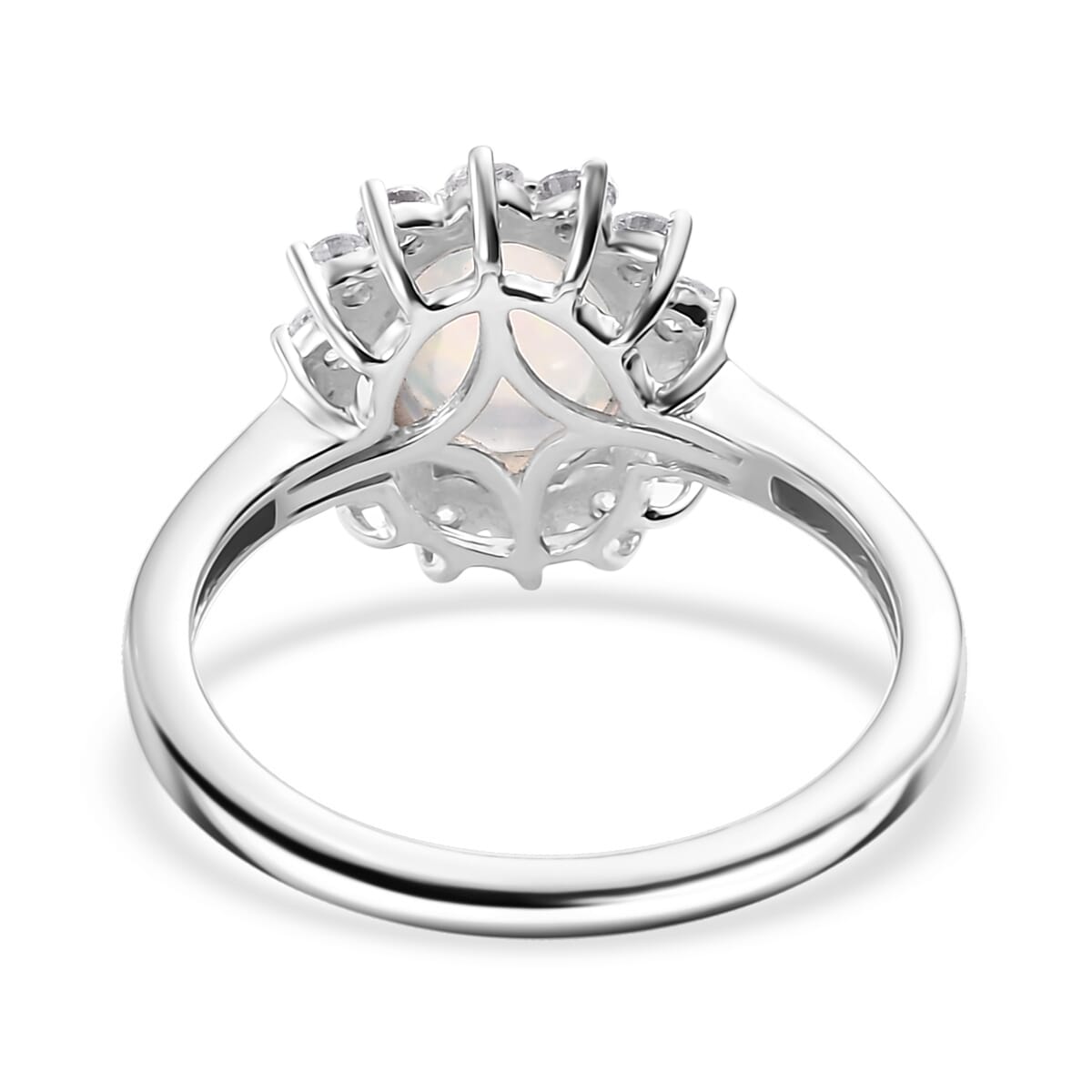 Premium Ethiopian Welo Opal and Moissanite 1.65 ctw Dahlia Flower Ring in Rhodium Over Sterling Silver (Size 6.0)  image number 4