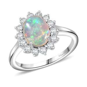 Premium Ethiopian Welo Opal and Moissanite 1.65 ctw Dahlia Flower Ring in Rhodium Over Sterling Silver (Size 9.0) 