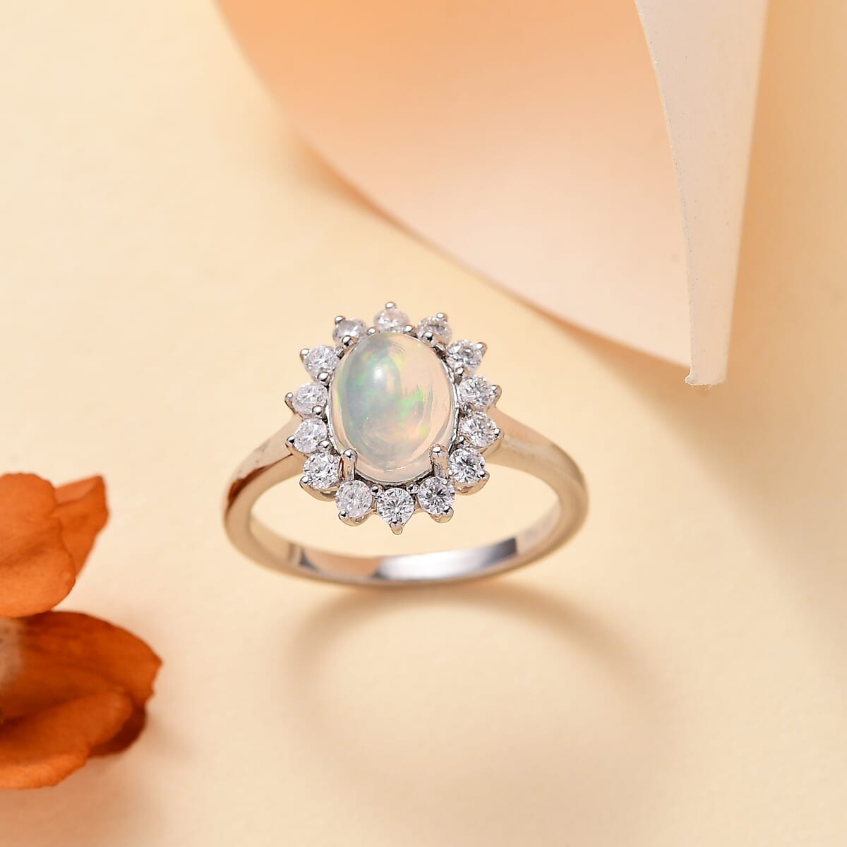 Premium Ethiopian Welo Opal and Moissanite 1.65 ctw Dahlia Flower Ring in Rhodium Over Sterling Silver (Size 9.0)  image number 1