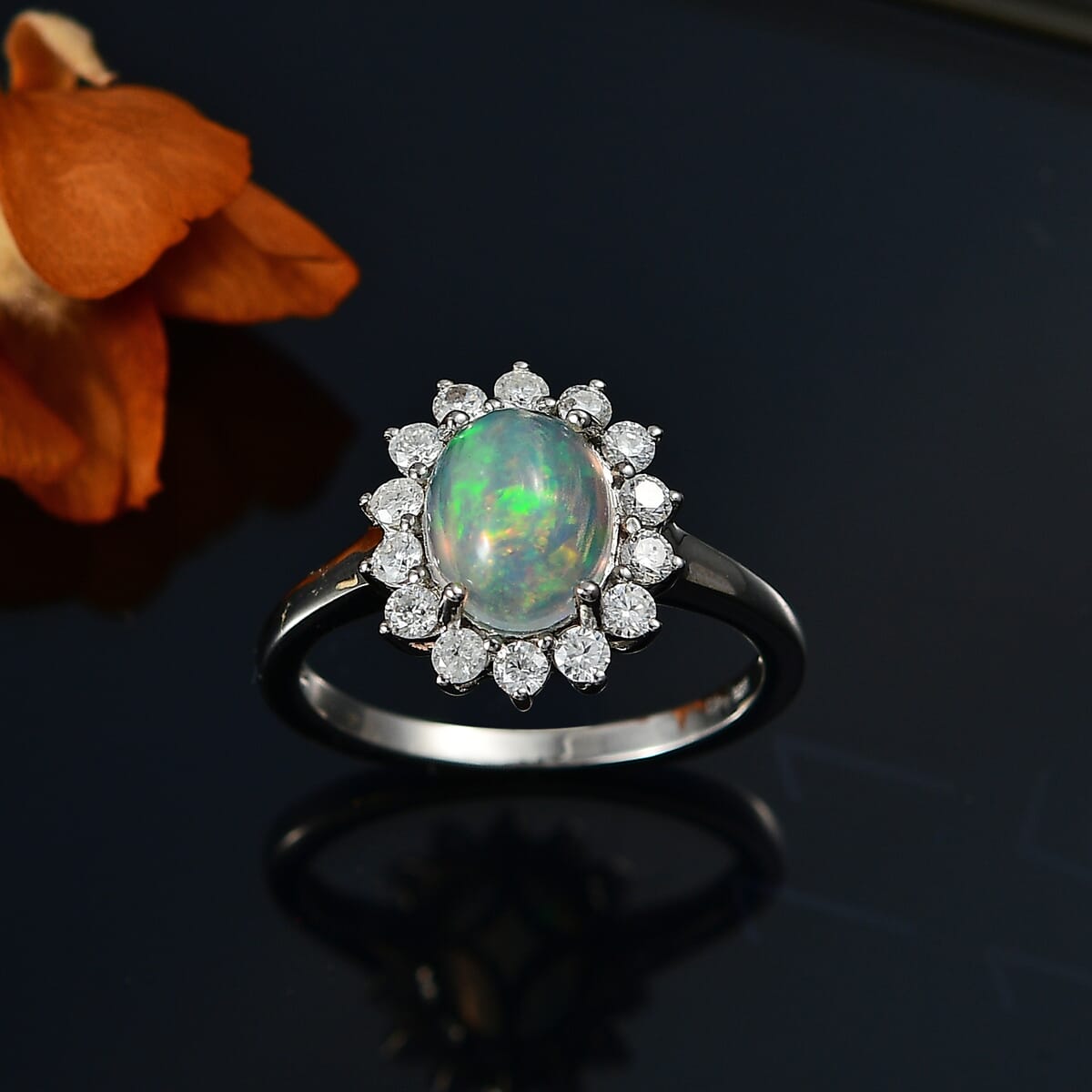 Premium Ethiopian Welo Opal and Moissanite 1.65 ctw Dahlia Flower Ring in Rhodium Over Sterling Silver (Size 9.0)  image number 2