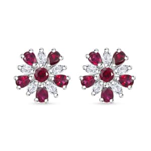 Premium Anthill Garnet and White Zircon 3.40 ctw Floral Earrings in Rhodium Over Sterling Silver