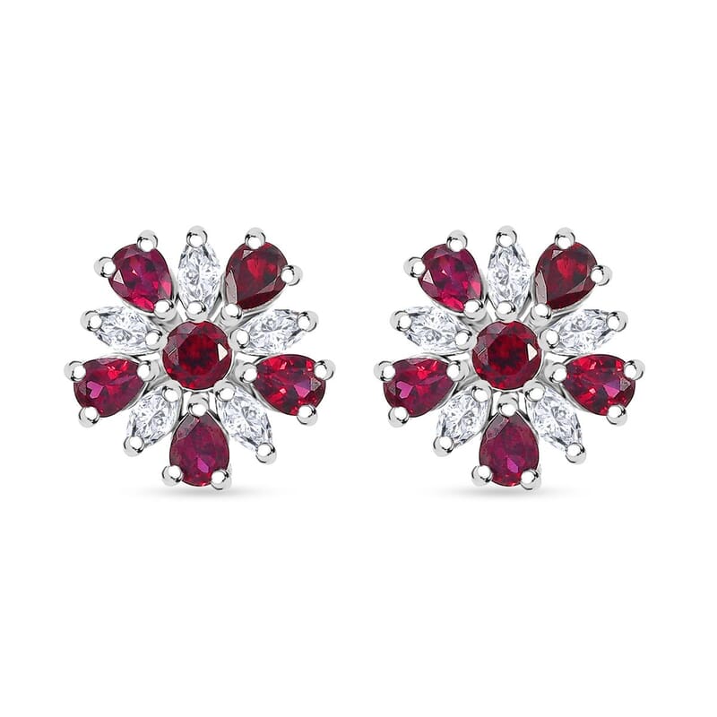D'Joy Premium Anthill Garnet and White Zircon 3.40 ctw Floral Earrings in Rhodium Over Sterling Silver