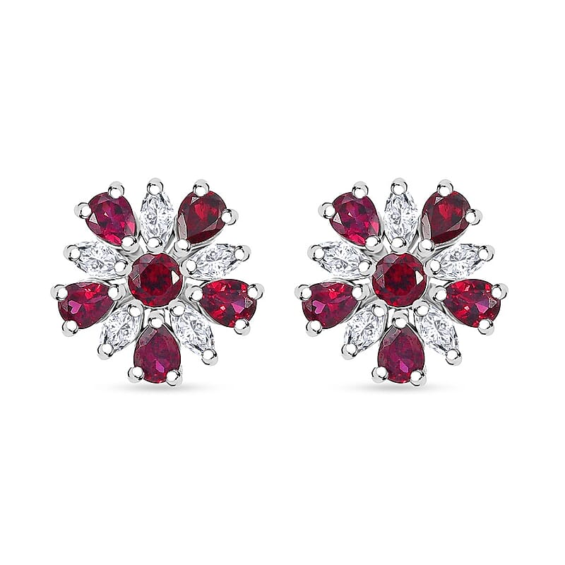 D'Joy Premium Anthill Garnet and White Zircon 3.40 ctw Floral Earrings in Rhodium Over Sterling Silver