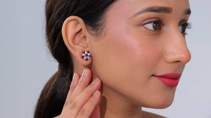D'Joy Premium Anthill Garnet and White Zircon 3.40 ctw Floral Earrings in Rhodium Over Sterling Silver