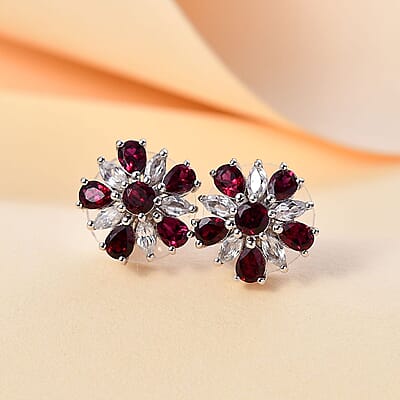 D'Joy Premium Anthill Garnet and White Zircon 3.40 ctw Floral Earrings in Rhodium Over Sterling Silver