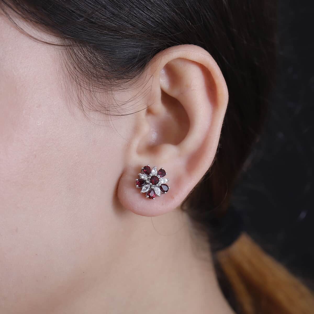 Premium Anthill Garnet and White Zircon 3.40 ctw Floral Earrings in Rhodium Over Sterling Silver image number 2