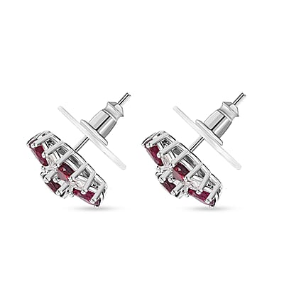 D'Joy Premium Anthill Garnet and White Zircon 3.40 ctw Floral Earrings in Rhodium Over Sterling Silver