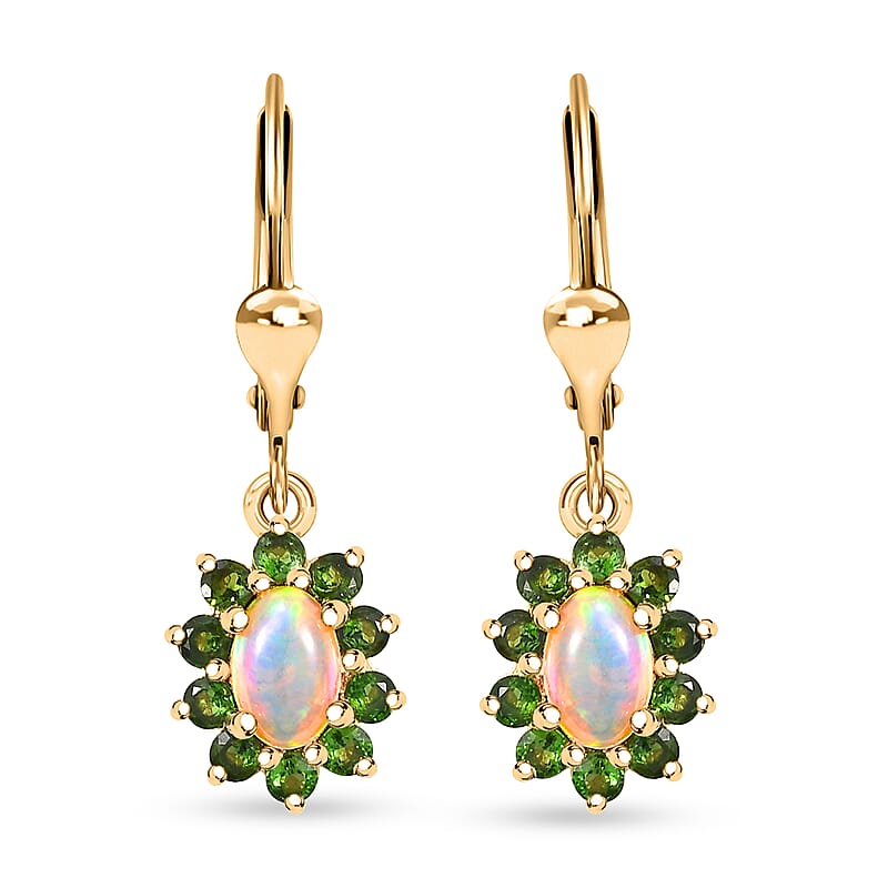 Premium Ethiopian Welo Opal and Chrome Diopside 1.40 ctw Dahlia Flower Earrings in 18K Vermeil Yellow Gold Over Sterling Silver