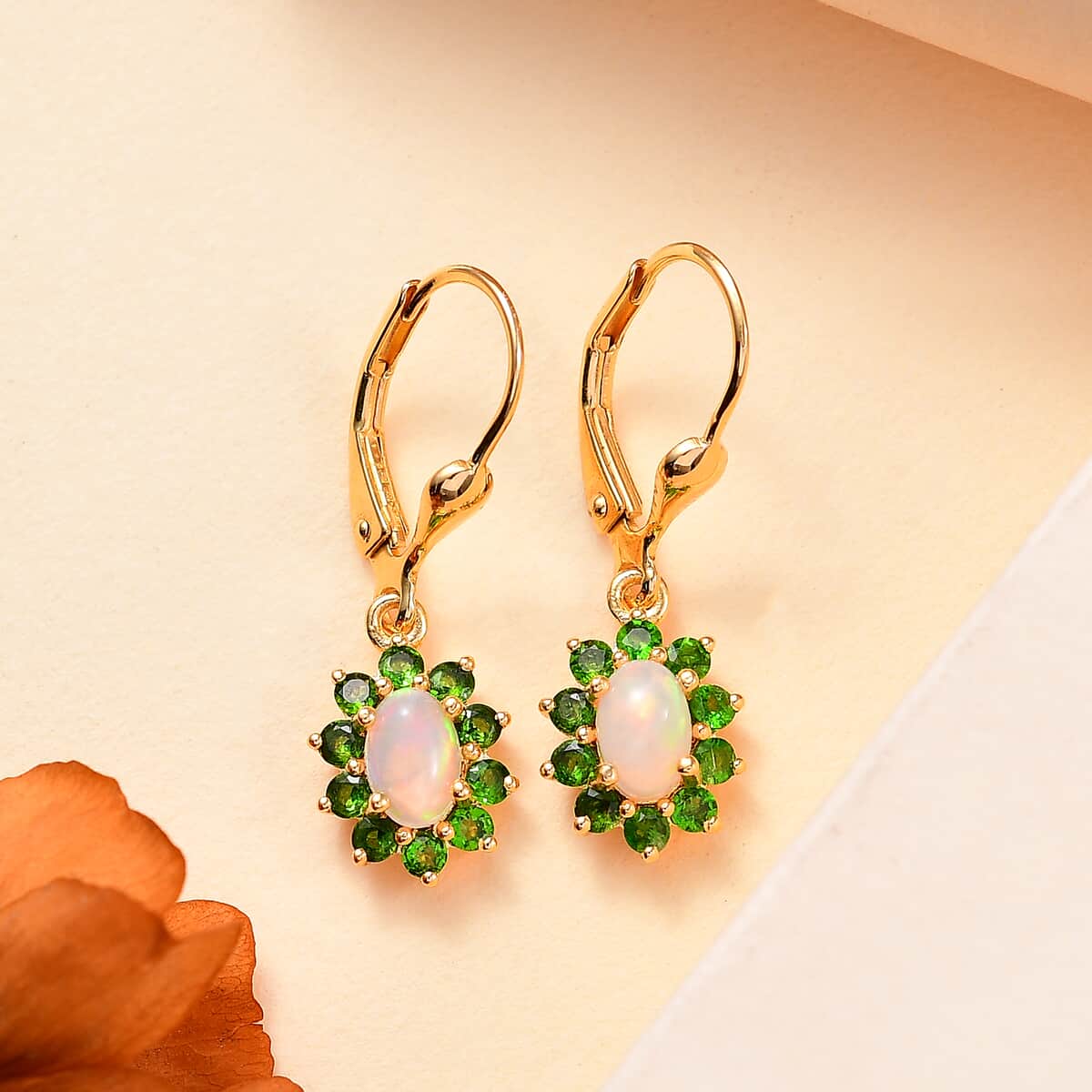 Premium Ethiopian Welo Opal, Chrome Diopside Sunburst Lever Back Earrings in 18K Vermeil YG Over Sterling Silver 1.40 ctw image number 1