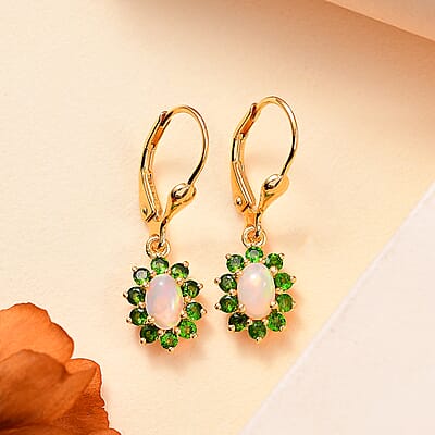 Premium Ethiopian Welo Opal and Chrome Diopside 1.40 ctw Dahlia Flower Earrings in 18K Vermeil Yellow Gold Over Sterling Silver