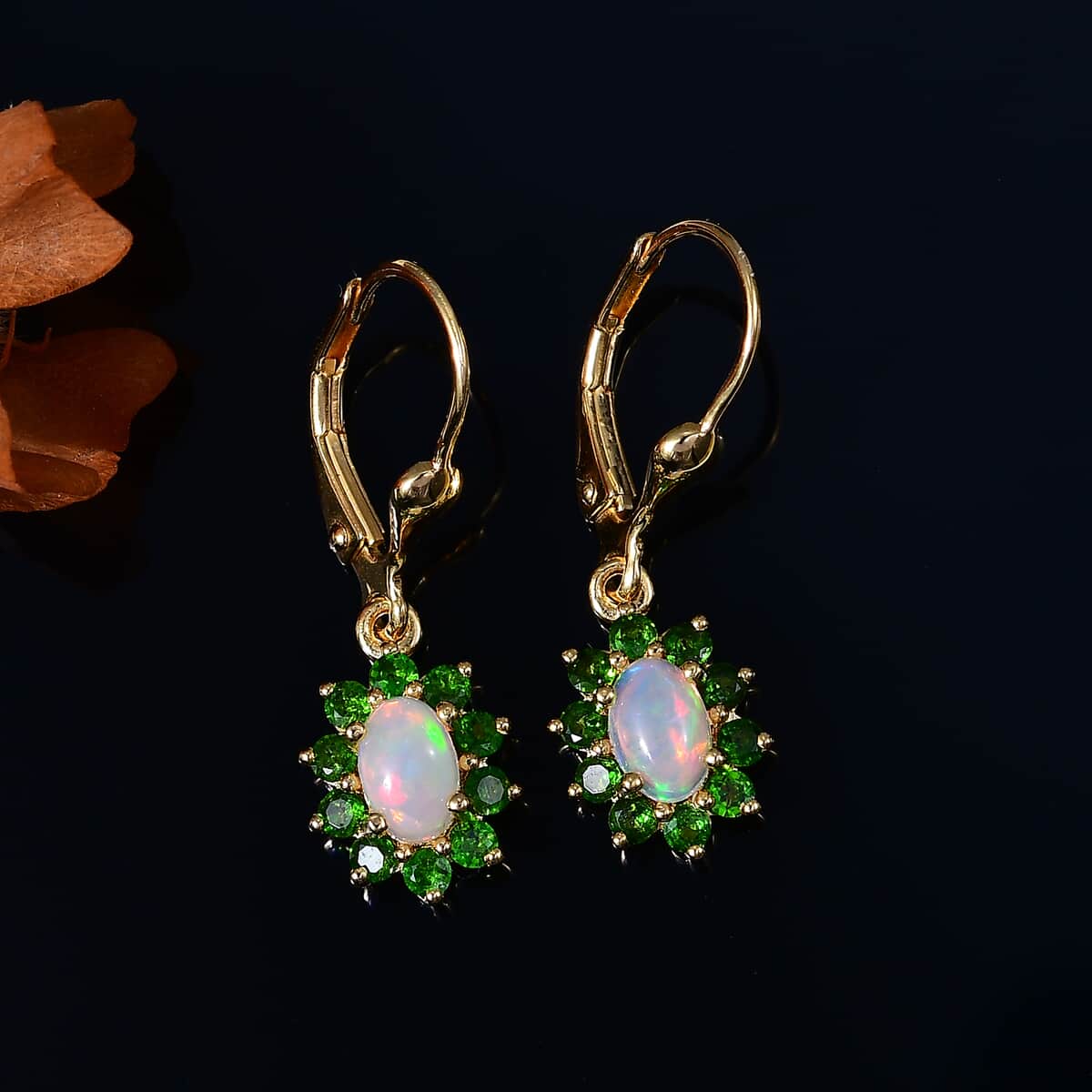 Premium Ethiopian Welo Opal, Chrome Diopside Sunburst Lever Back Earrings in 18K Vermeil YG Over Sterling Silver 1.40 ctw image number 2