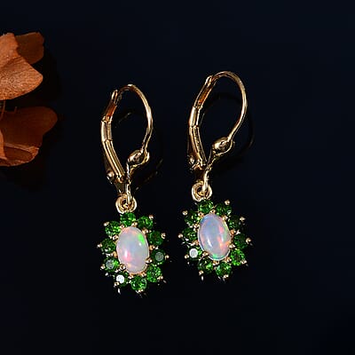 Premium Ethiopian Welo Opal and Chrome Diopside 1.40 ctw Dahlia Flower Earrings in 18K Vermeil Yellow Gold Over Sterling Silver