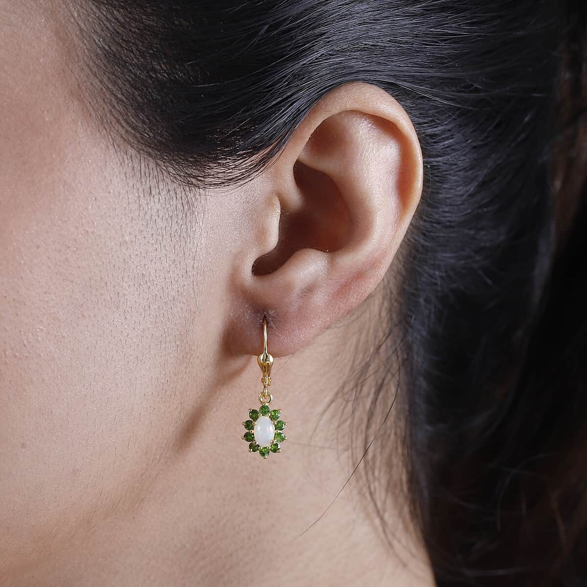 Premium Ethiopian Welo Opal, Chrome Diopside Sunburst Lever Back Earrings in 18K Vermeil YG Over Sterling Silver 1.40 ctw image number 3