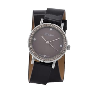 Value Buy Strada Austrian Crystal Japanese Movement Watch with Black Faux Leather 2 Row Strap (35.05mm)
